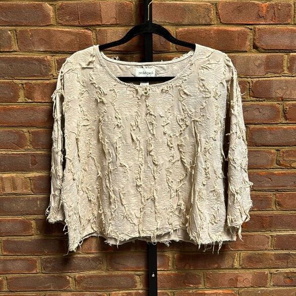 Peck & Peck Women’s Linen Blend Tan Fringe Quarter Sleeve Top Size Medium - Picture 2 of 5